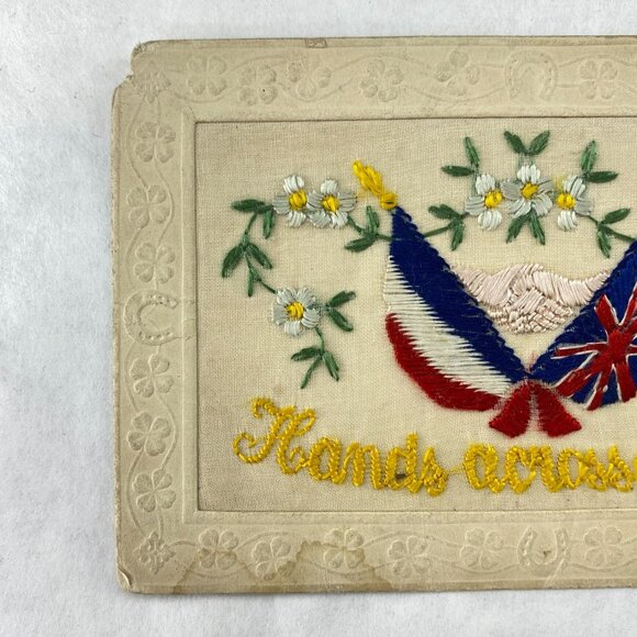 Vintage Hands Across The Sea Embroidered Postcard France and Union Jack Flags - Picture 2 of 10
